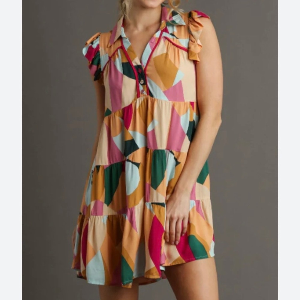 Umgee Women Multicolor Geometric Tiered Ruffle Sleeve Shirt Dress Size M